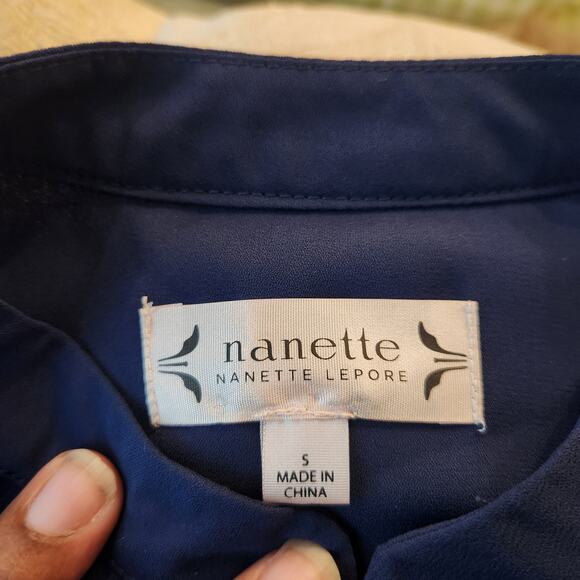 Nanette Lepore Navy Blue Semi Sheer Long Sleeve Blouse Size Small Feminine - Picture 2 of 7